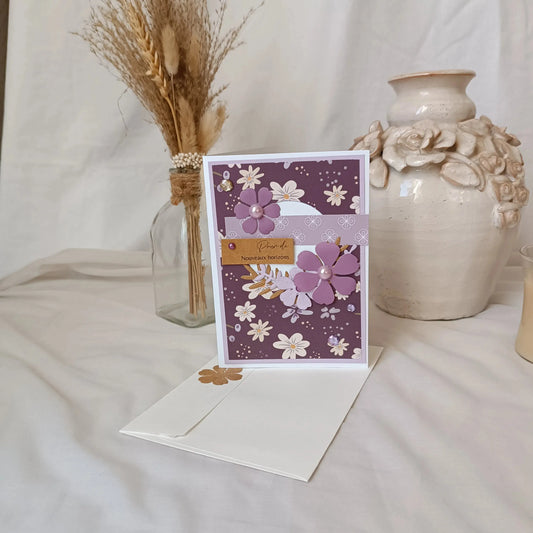 jolie carte départ collègue - carte départ retraite - carte départ collègue de travail - carte départ de l’Atelier de Lili la souris - bonne continuation carte départ - carte scrapbooking départ collègue - carte départ retraite femme - carte départ collègue femme violette - carte Pour de nouveaux horizons