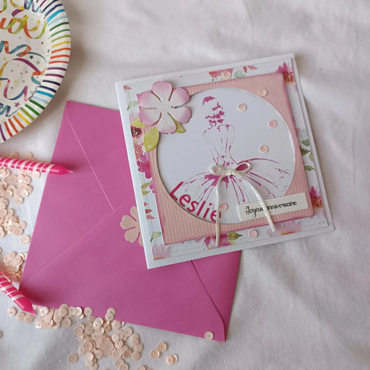 Carte anniversaire danseuse rose petit format, vue d'ensemble