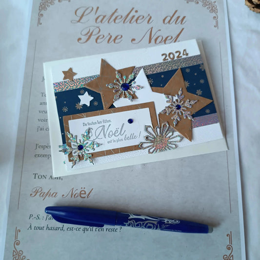 Carte de Noël bleu marine kraft et argent, vue d'ensemble