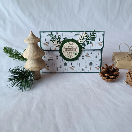 pochette carte-cadeau de noel - carte de voeux 2025 - idée cadeau noël - noël 2025 - cadeau noël 2025 - carte de noël -pochette carte-cadeau de noël vert foncé de L’Atelier de Lili la souris