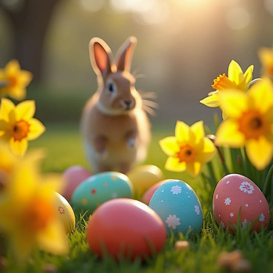 lapin de paques autour des oeufs en chocolat