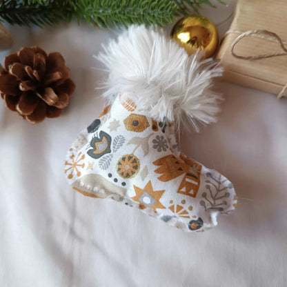 Décoration de Noël en forme de botte tissu blanc or et argent