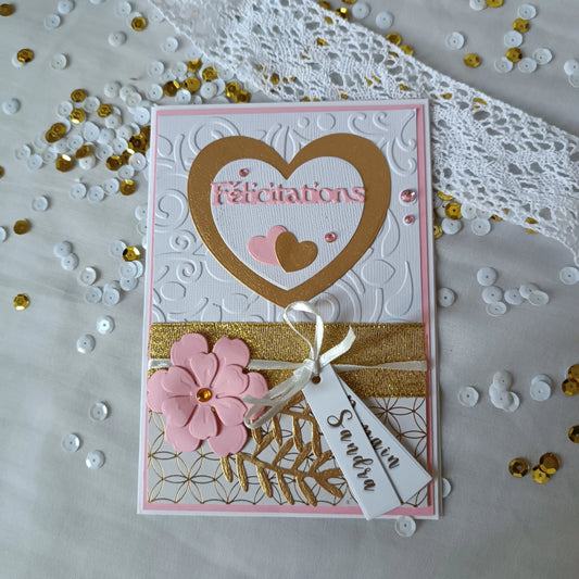 Carte Félicitations mariage rose et or, vue d'ensemble