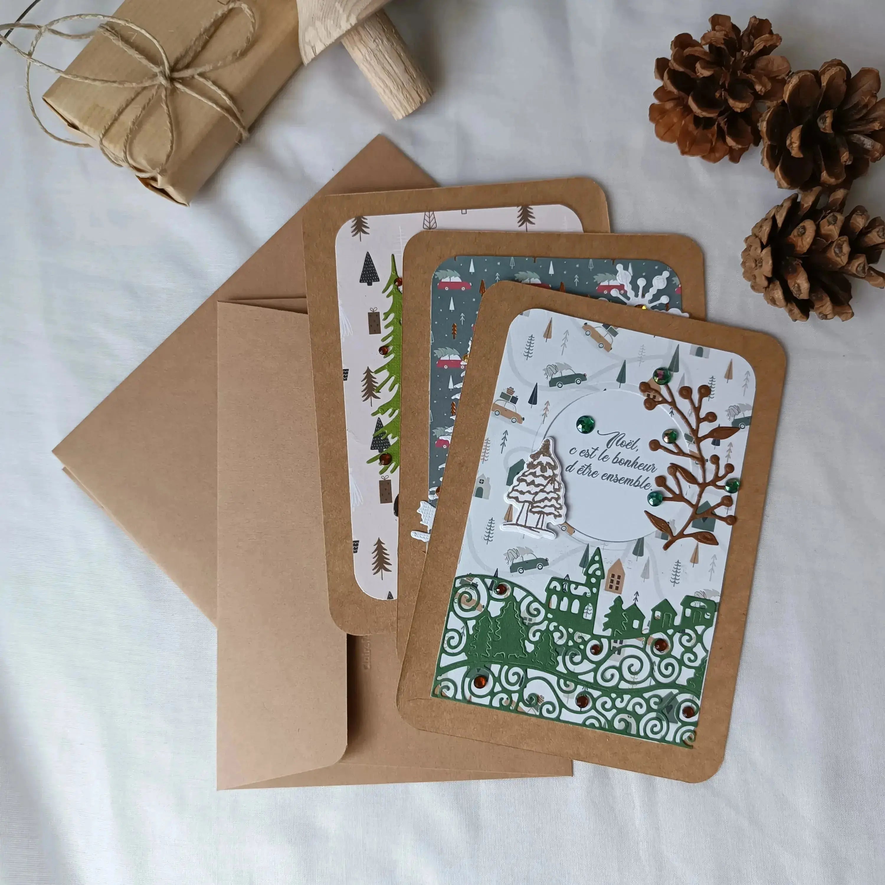 Cartes De Noël Vintage Avec Enveloppe - Lot De 10 Cartes Kraft Pliées, Motifs Festifs, Page Vierge Pour Message Personnalisé - 2