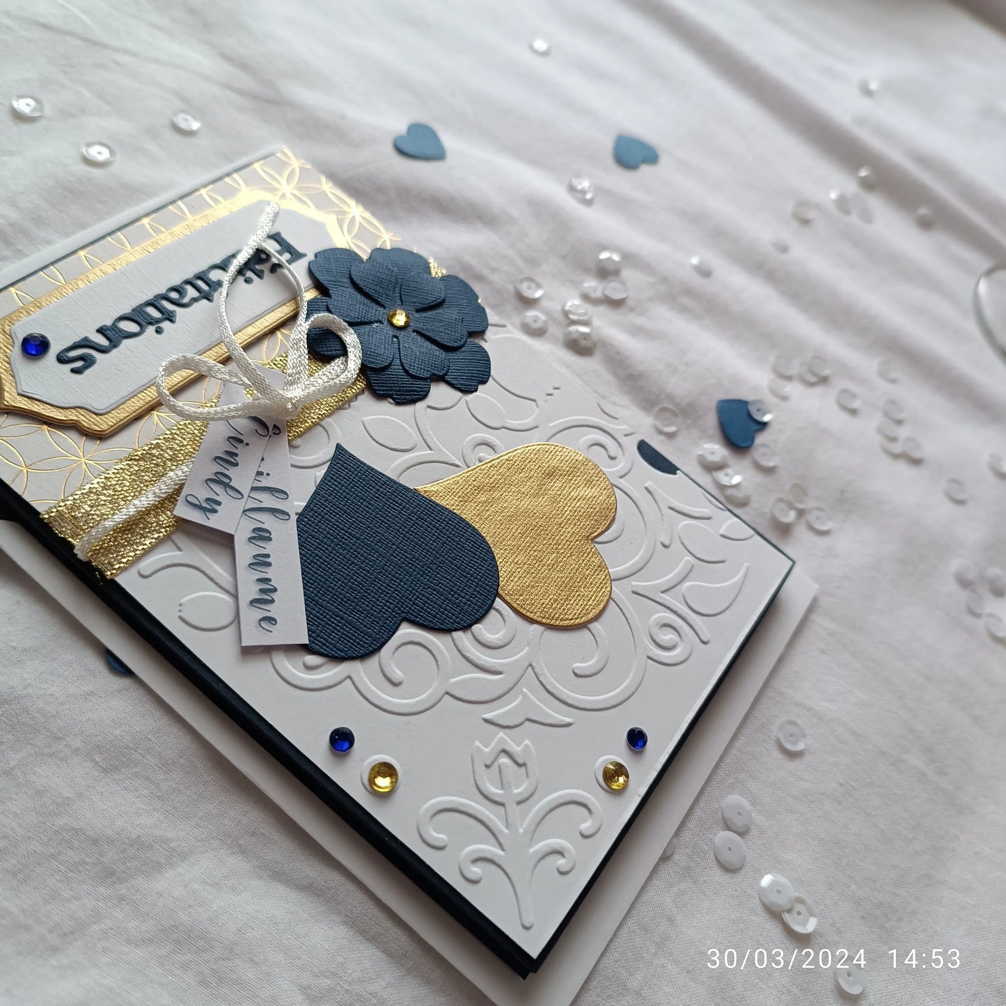 Carte de mariage félicitations - personnalisable - bleu marine et or