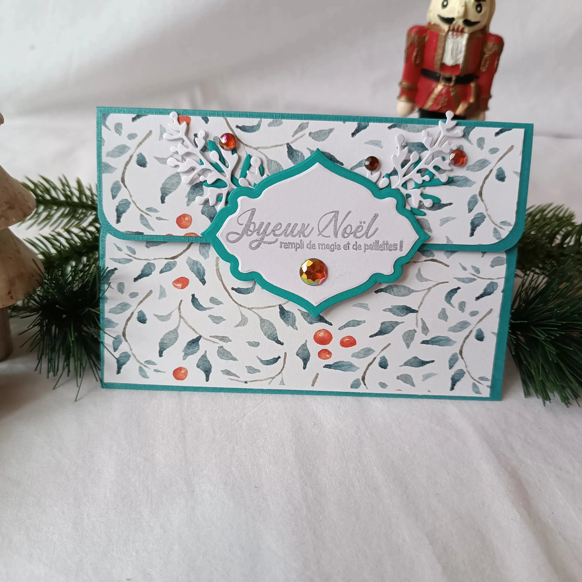 pochette carte-cadeau de noel - carte de voeux 2024 - idée cadeau noël - noël 2024 - cadeau noël 2024 - carte de noël -pochette carte-cadeau de noël vert émeraude de L’Atelier de Lili la souris
