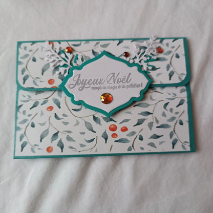 pochette carte-cadeau de noel - carte de voeux 2024 - idée cadeau noël - noël 2024 - cadeau noël 2024 - carte de noël -pochette carte-cadeau de noël vert émeraude de L’Atelier de Lili la souris
