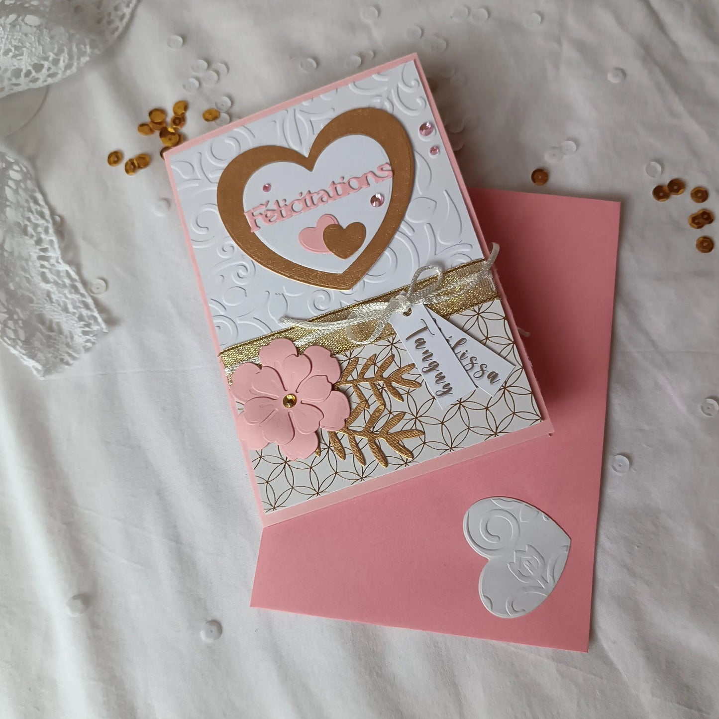 Carte de mariage félicitations - personnalisée - rose et or