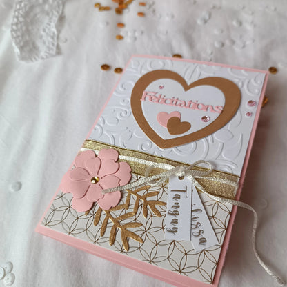 Carte de mariage félicitations - personnalisée - rose et or