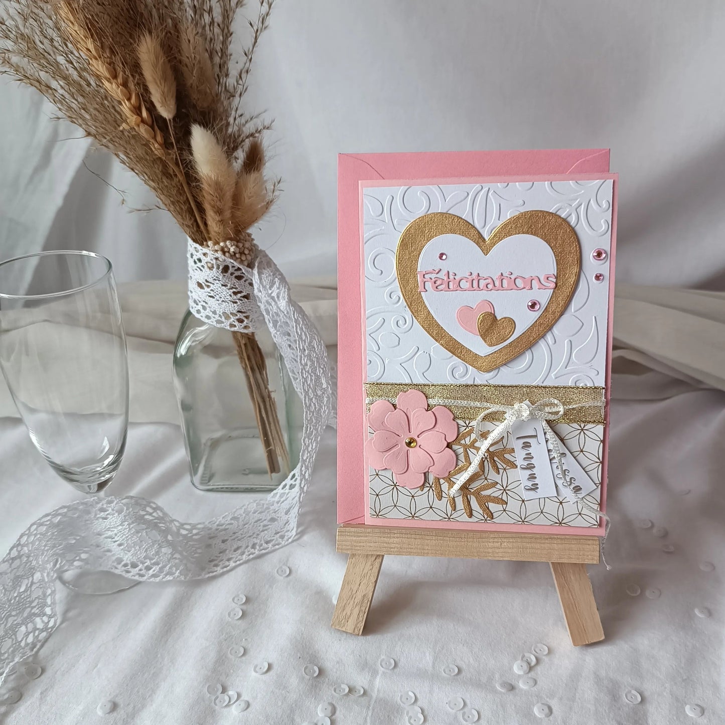 Carte de mariage félicitations - personnalisée - rose et or