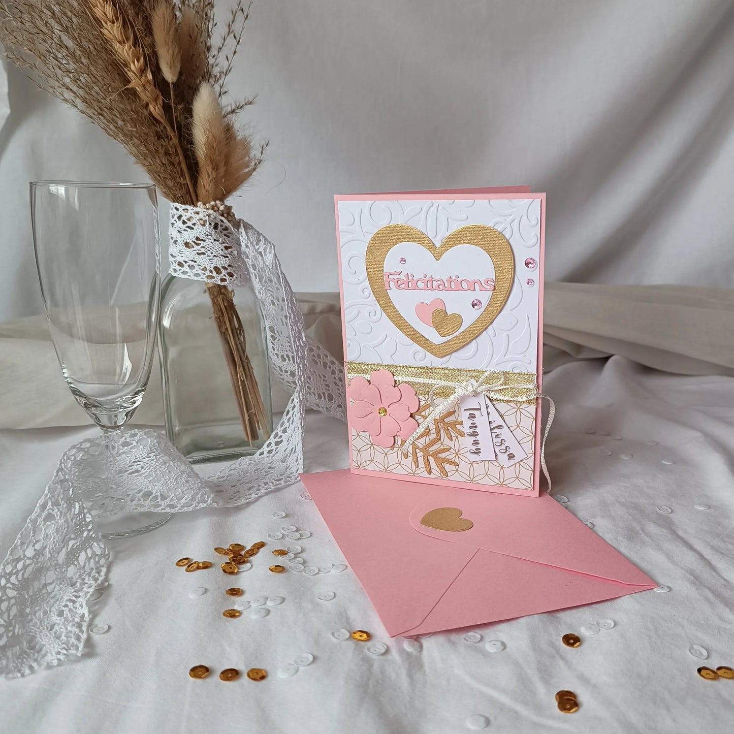 Carte de mariage félicitations - personnalisée - rose et or