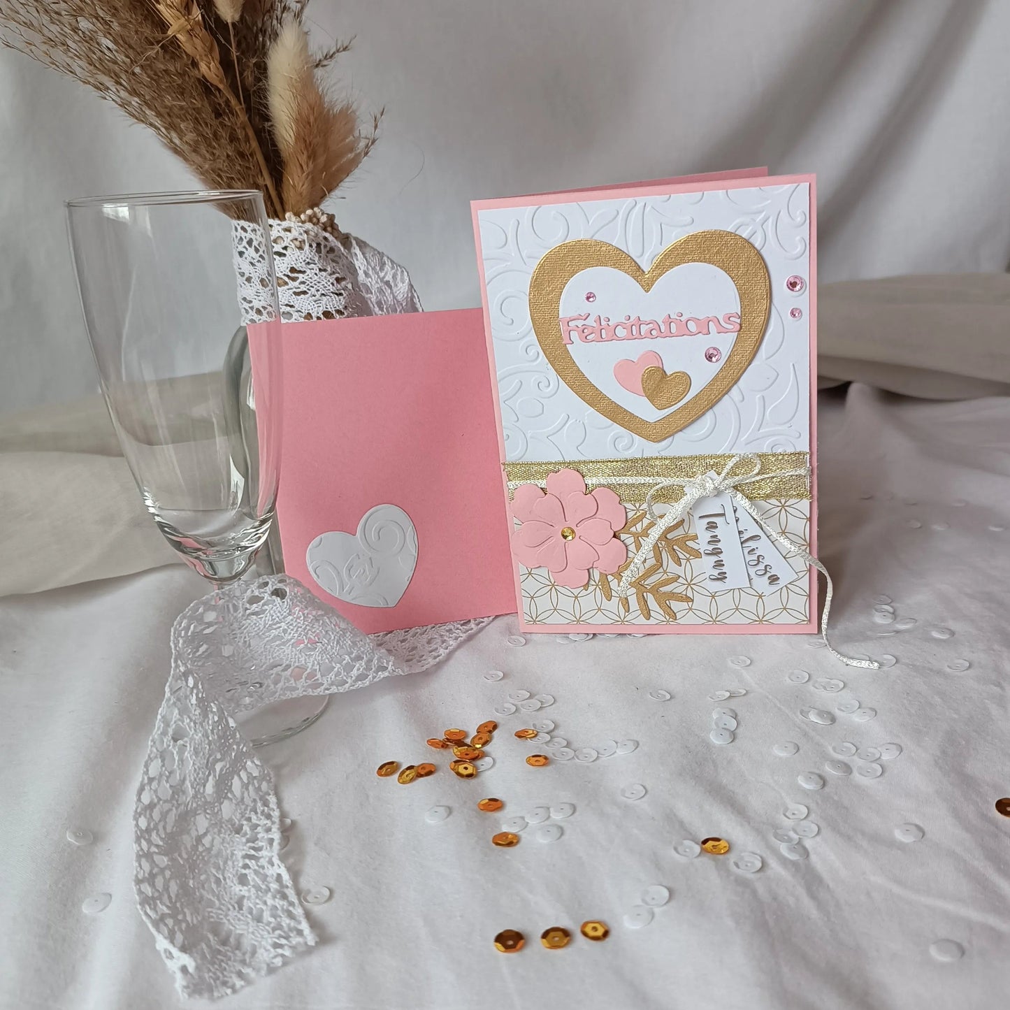 Carte de mariage félicitations - personnalisée - rose et or