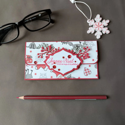 pochette carte-cadeau de noel - carte de voeux 2024 - idée cadeau noel - noel 2024 - cadeau noel 2024 - carte de noel -pochette carte-cadeau de noel rouge et blanche de L’Atelier de Lili la souris
