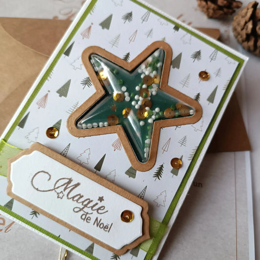 Détail du dôme à paillettes de la carte de Noël à secouer